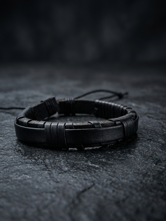 The Motor Way Casuals Black Leather Adjustable Bracelet for Men | Handmade Casual Wrist Band