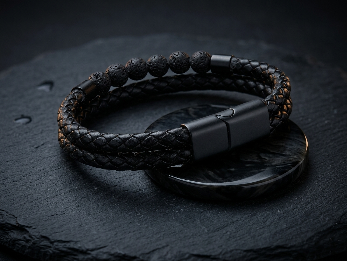 The Motor Way Casuals™ Black Braided Leather & Lava Stone Bracelet for Men