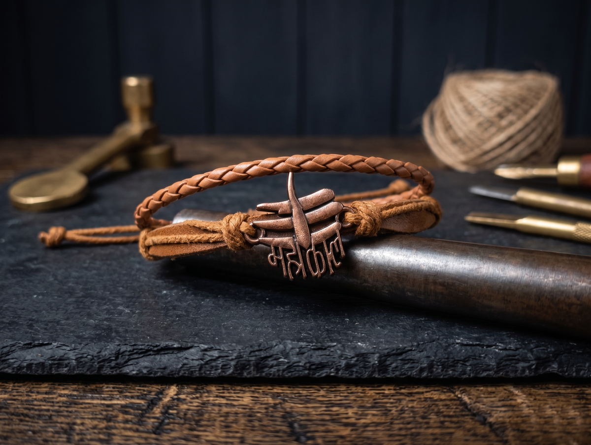 The Motor Way Casuals Mahakal Leather Braided Bracelet for Men | Adjustable Handmade Spiritual Wristband