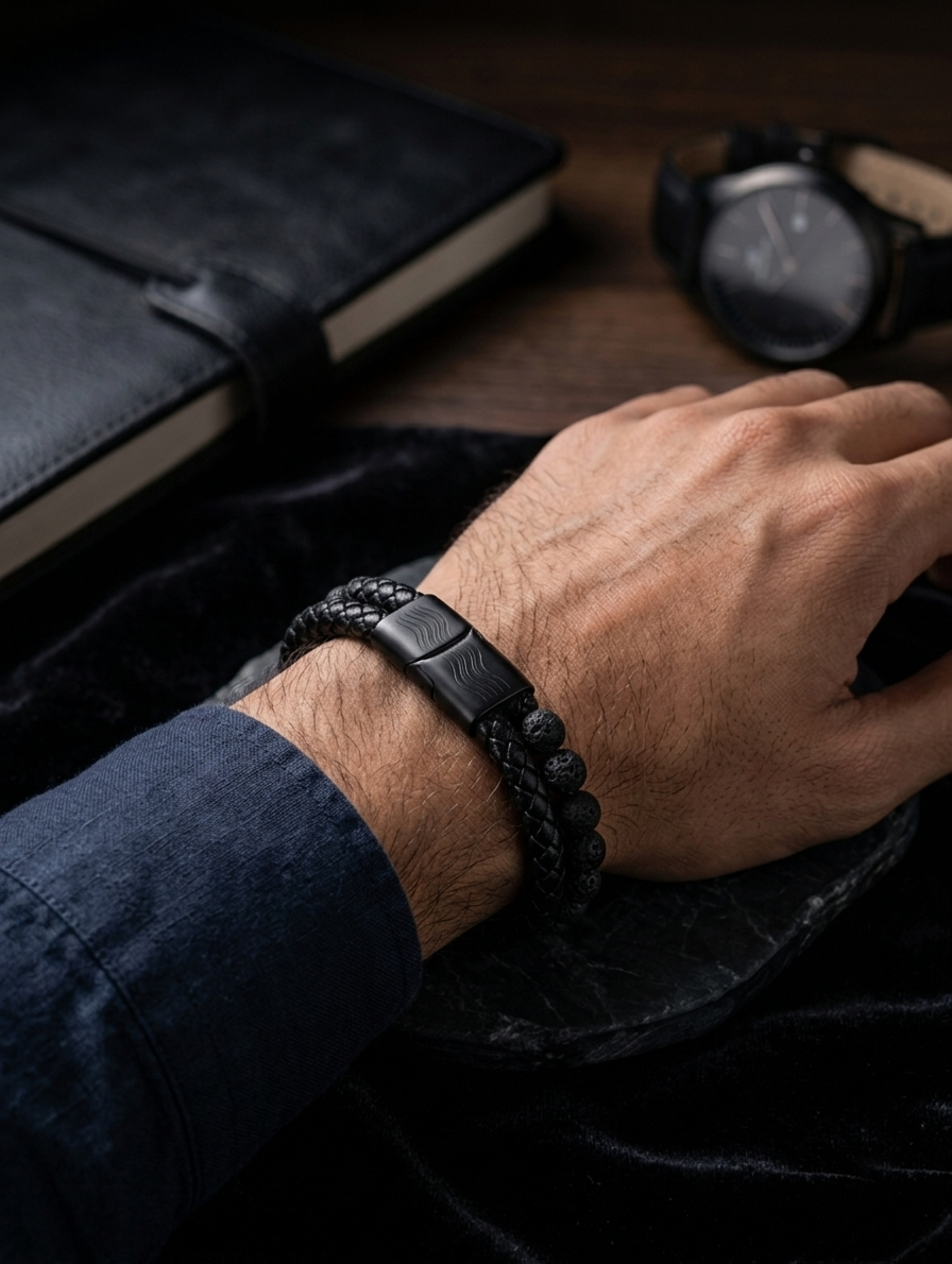 The Motor Way Casuals™ Black Braided Leather & Lava Stone Bracelet for Men