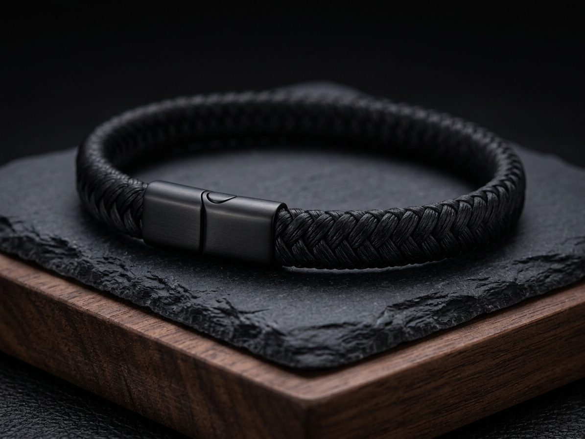 The Motor Way Casuals Black Braided Leather Bracelet for Men – Magnetic Stainless Steel Clasp