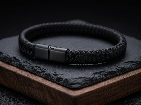 The Motor Way Casuals Black Braided Leather Bracelet for Men – Magnetic Stainless Steel Clasp