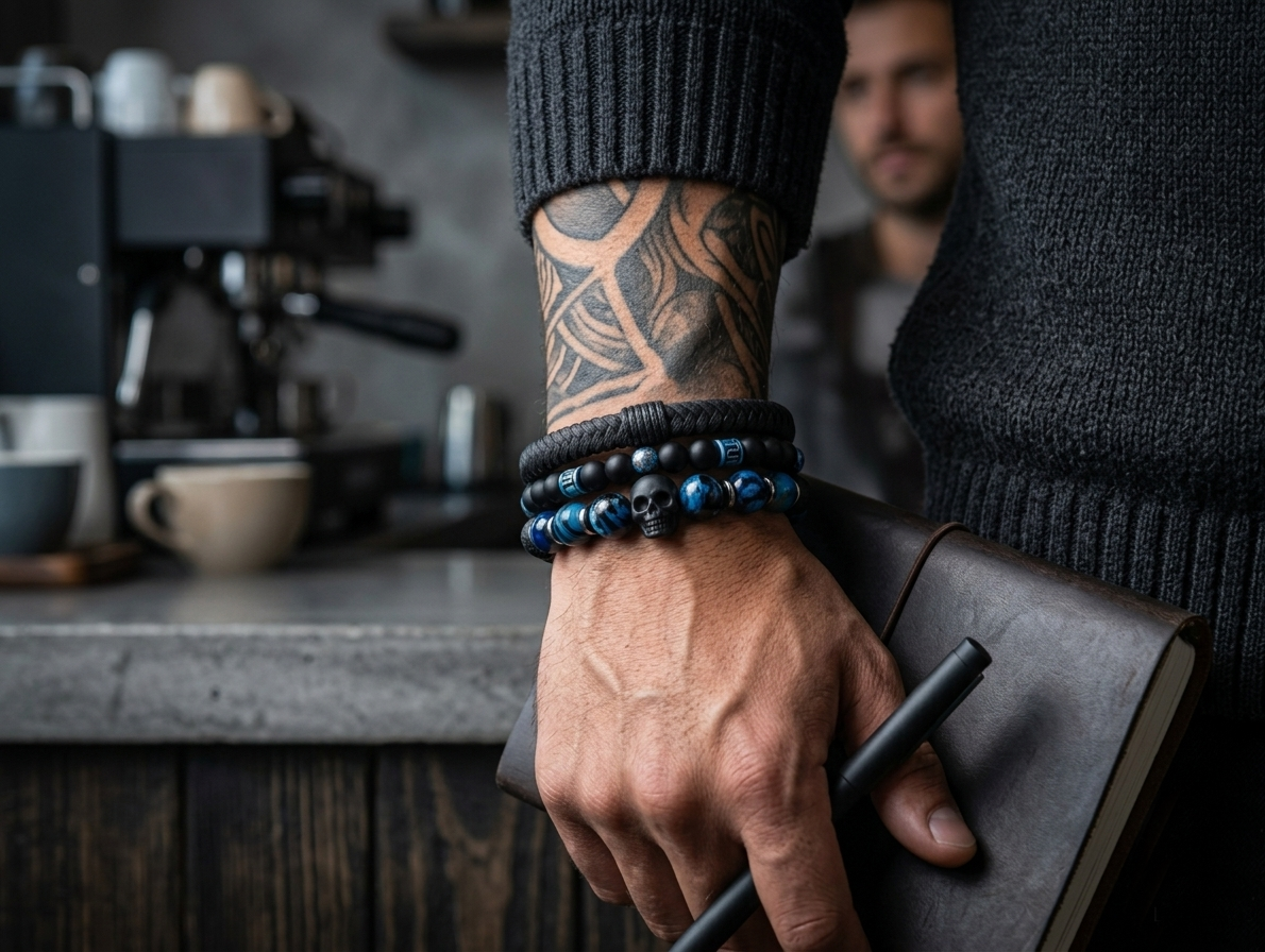 The Motor Way Casuals™ Midnight Skull Beaded Bracelet Set for Men | Black & Blue Stone Bracelet Stack