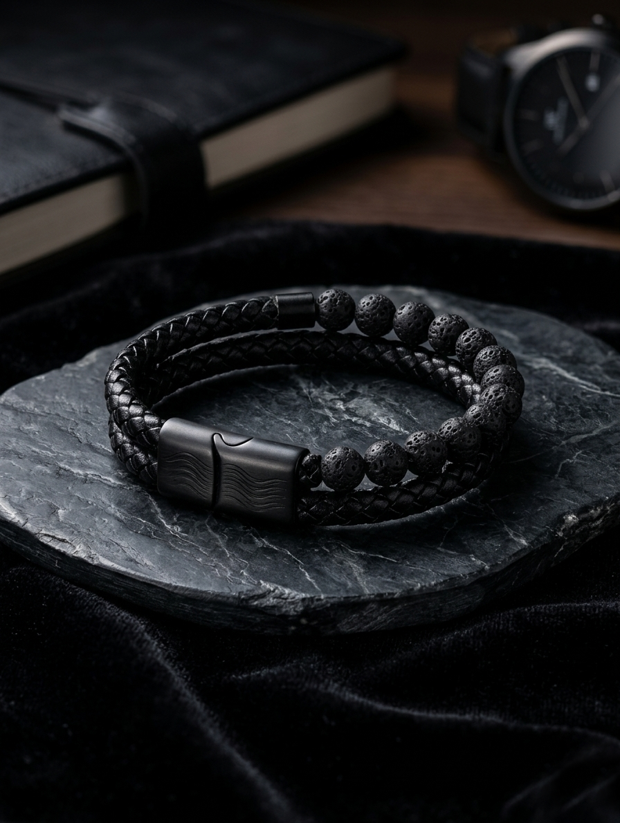 The Motor Way Casuals™ Black Braided Leather & Lava Stone Bracelet for Men