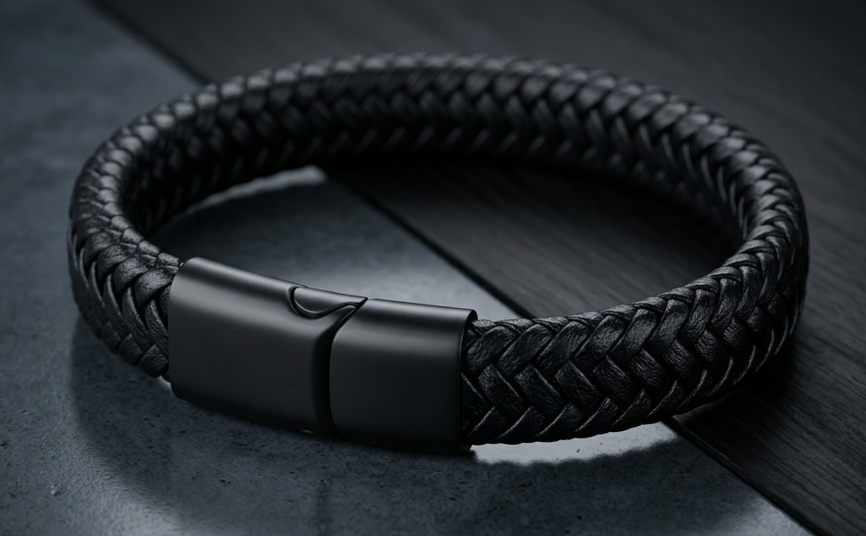 The Motor Way Casuals™ Black Braided Leather Bracelet for Men – Stainless Steel Magnetic Clasp