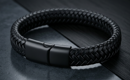 The Motor Way Casuals™ Black Braided Leather Bracelet for Men – Stainless Steel Magnetic Clasp