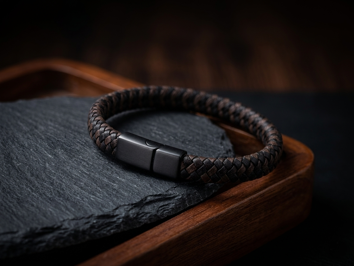 The Motor Way Casuals Men's Braided Leather Bracelet – Black Stainless Steel Magnetic Clasp