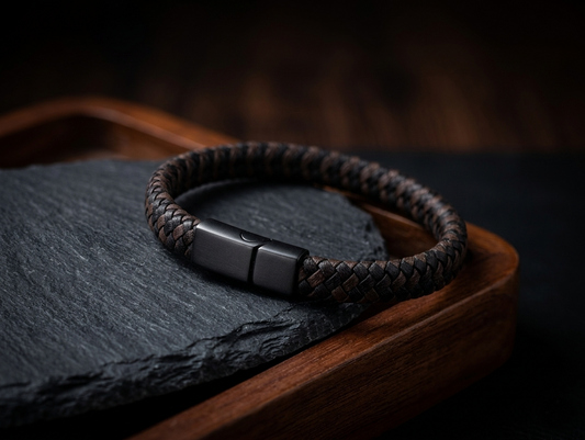 The Motor Way Casuals Men's Braided Leather Bracelet – Black Stainless Steel Magnetic Clasp