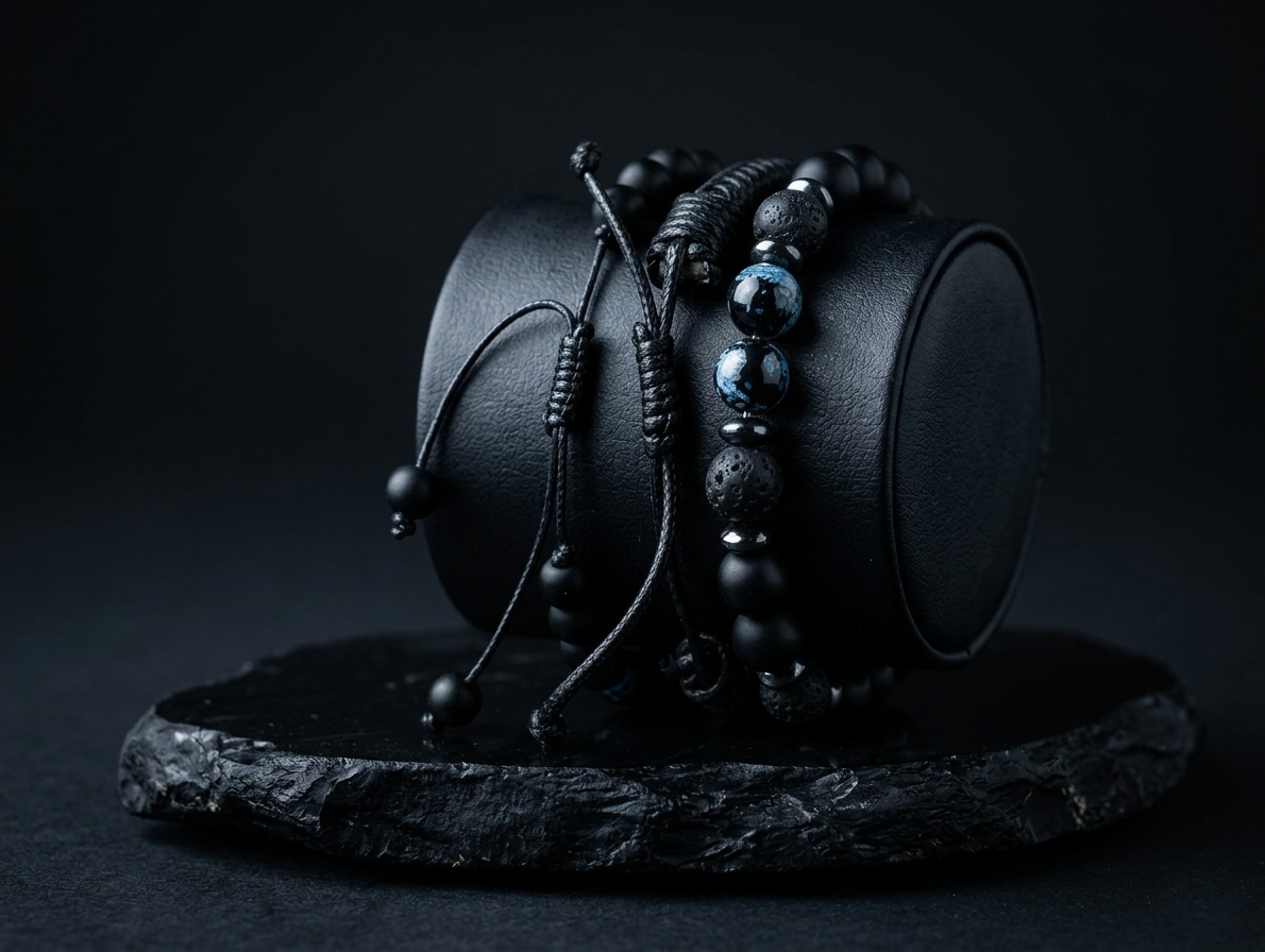 The Motor Way Casuals™ Midnight Skull Beaded Bracelet Set for Men | Black & Blue Stone Bracelet Stack