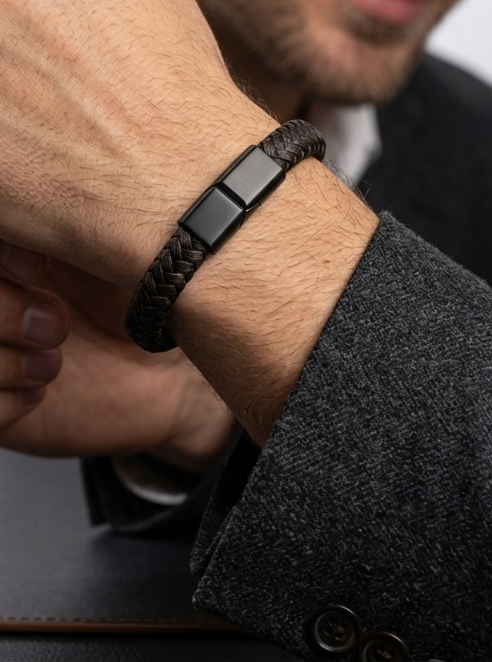 The Motor Way Casuals Men's Braided Leather Bracelet – Black Stainless Steel Magnetic Clasp