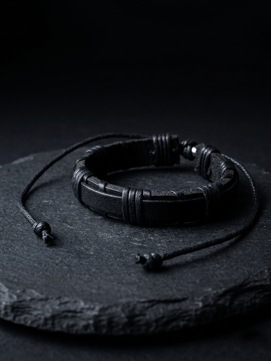 The Motor Way Casuals Black Leather Adjustable Bracelet for Men | Handmade Casual Wrist Band