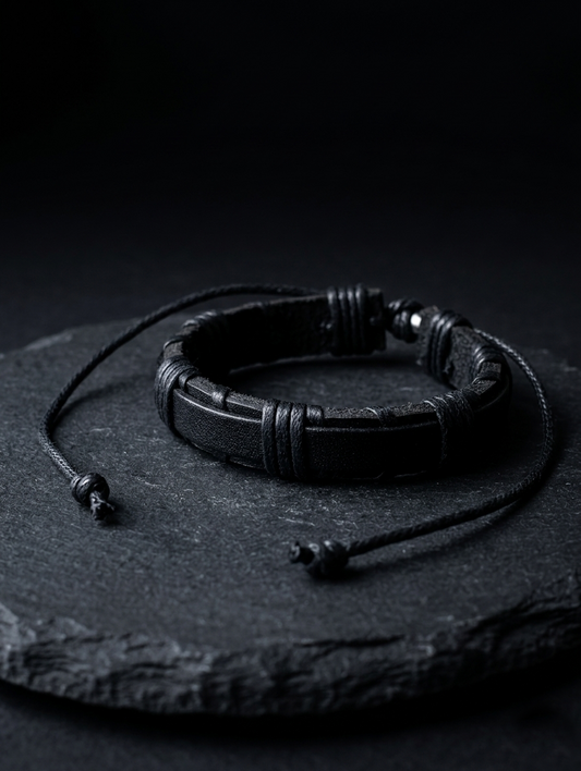 The Motor Way Casuals Black Leather Adjustable Bracelet for Men | Handmade Casual Wrist Band