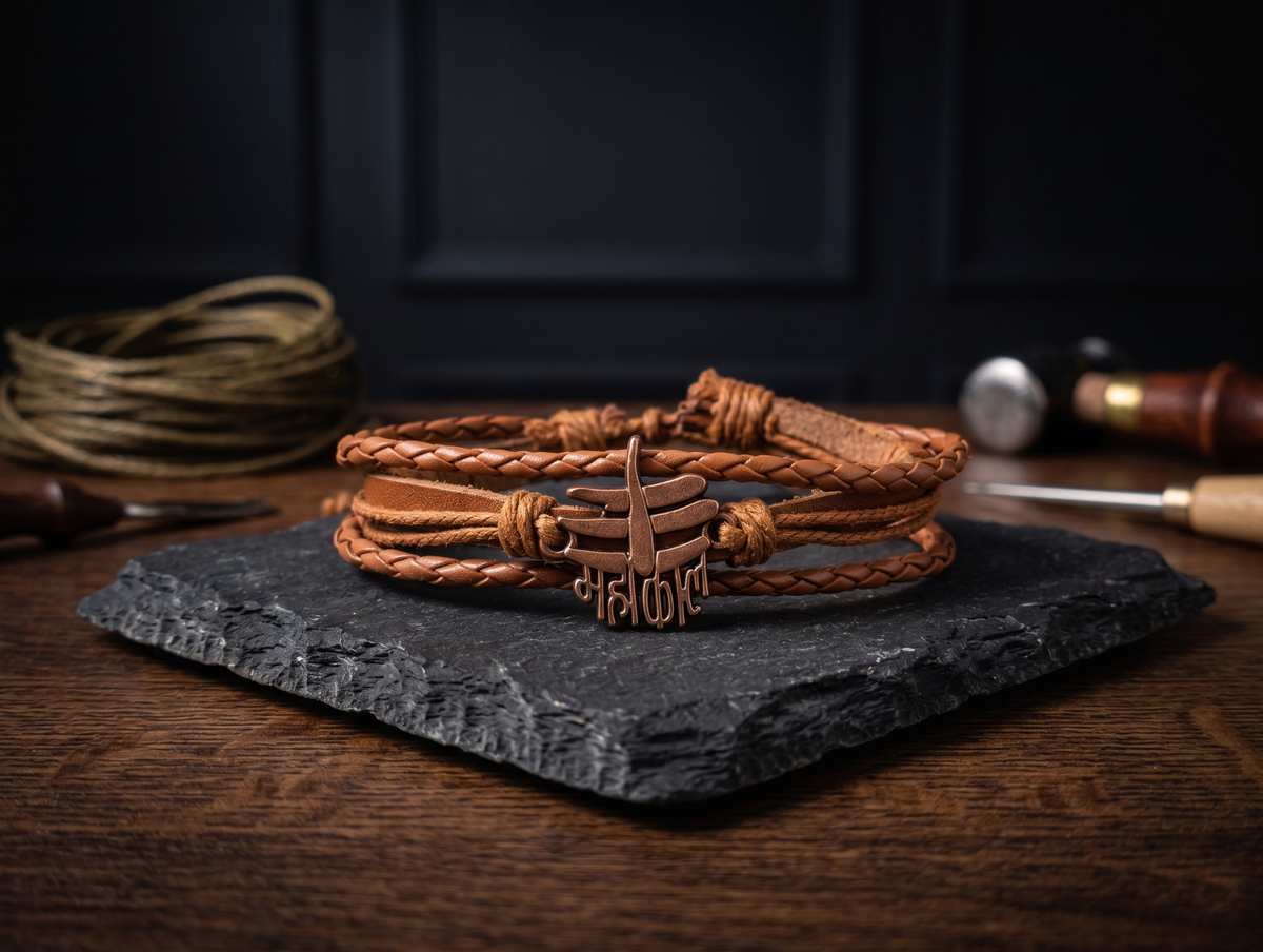 The Motor Way Casuals Mahakal Leather Braided Bracelet for Men | Adjustable Handmade Spiritual Wristband