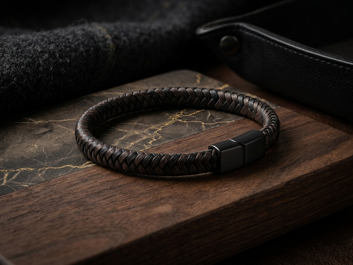 The Motor Way Casuals Men's Braided Leather Bracelet – Black Stainless Steel Magnetic Clasp