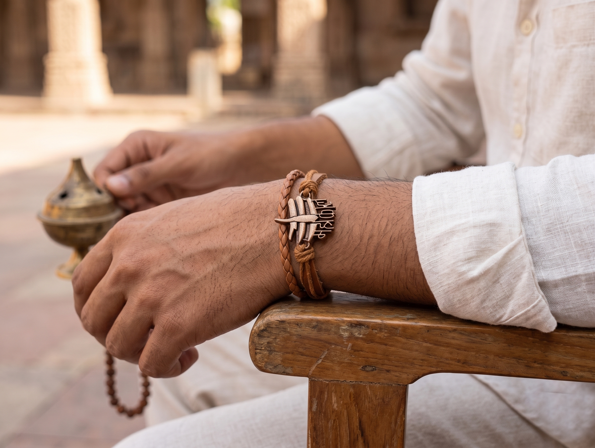 The Motor Way Casuals Mahakal Leather Braided Bracelet for Men | Adjustable Handmade Spiritual Wristband