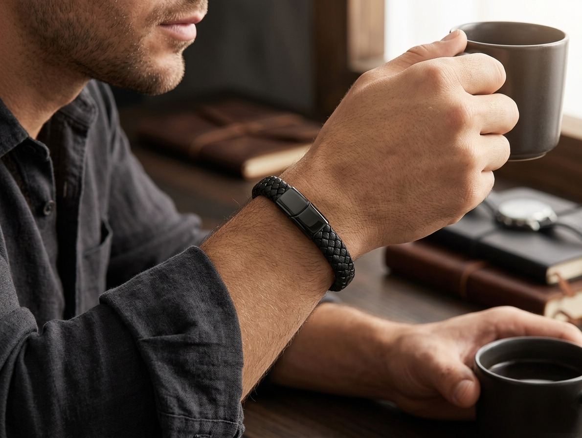 The Motor Way Casuals™ Black Braided Leather Bracelet for Men – Stainless Steel Magnetic Clasp