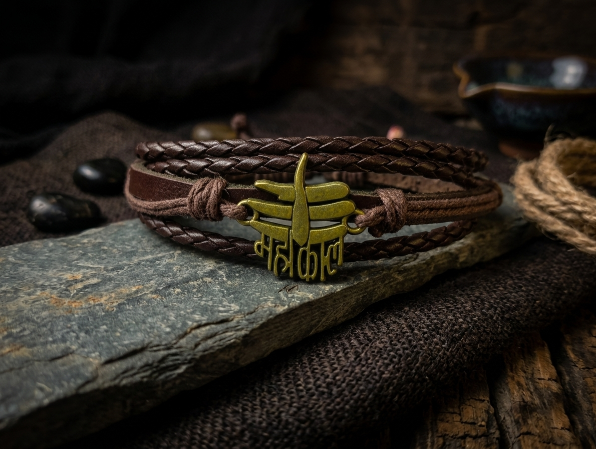 The Motor Way Casuals Mahakal Leather Bracelet for Men | Adjustable Braided Multi-Layer Wristband