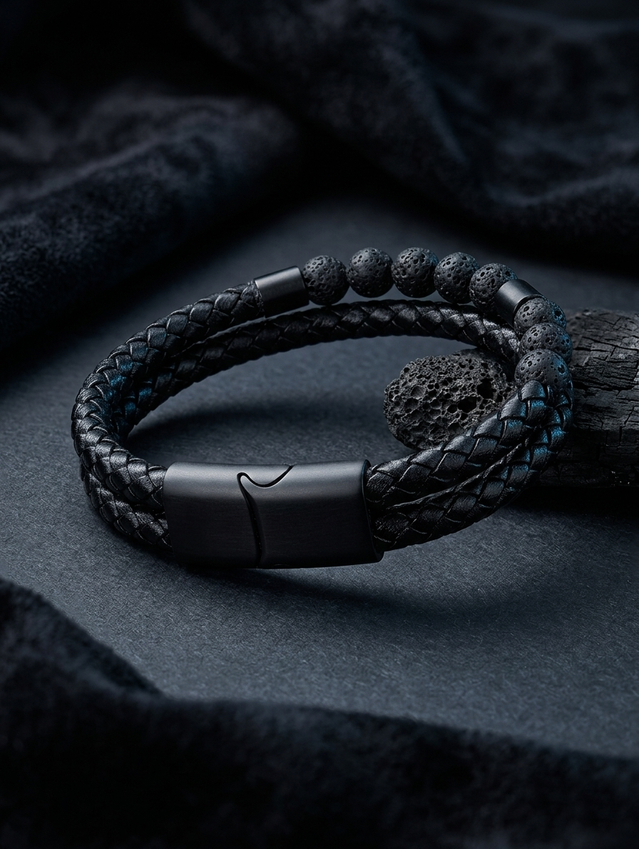 The Motor Way Casuals™ Black Braided Leather & Lava Stone Bracelet for Men
