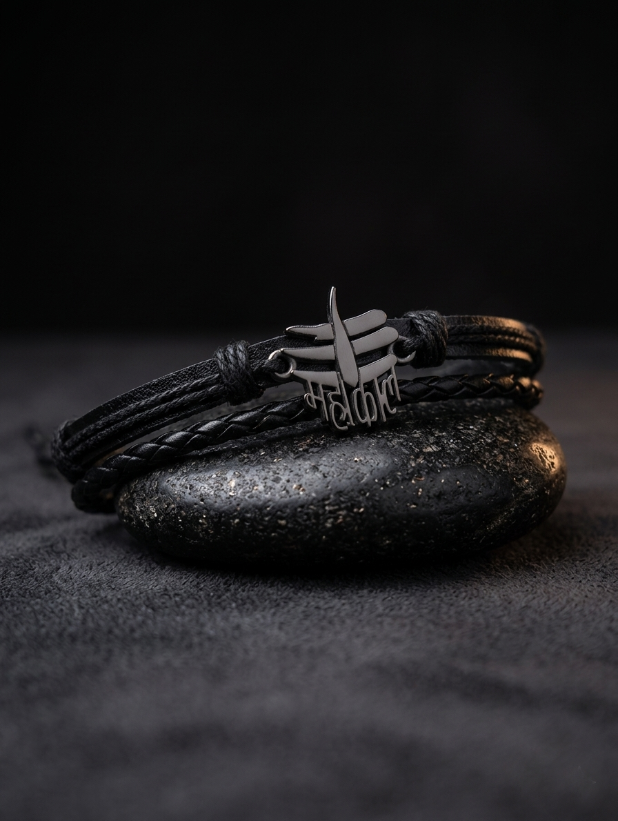 The Motor Way Casuals™ Mahakal Black Braided Leather Bracelet for Men | Adjustable Spiritual Wristband