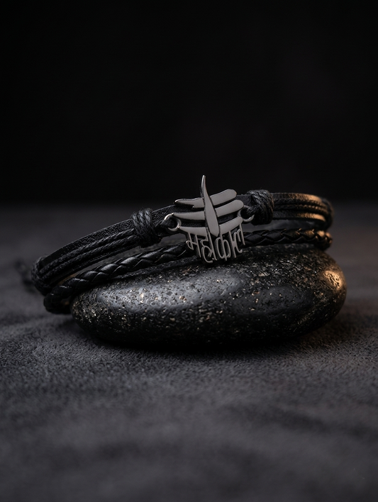 The Motor Way Casuals™ Mahakal Black Braided Leather Bracelet for Men | Adjustable Spiritual Wristband