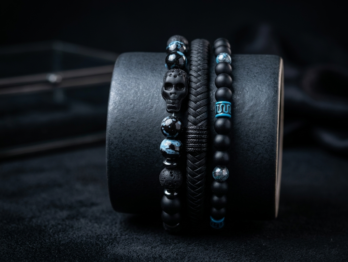 The Motor Way Casuals™ Midnight Skull Beaded Bracelet Set for Men | Black & Blue Stone Bracelet Stack