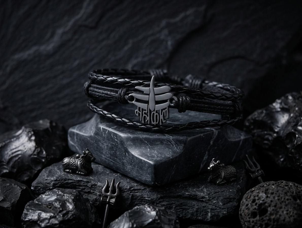 The Motor Way Casuals™ Mahakal Black Braided Leather Bracelet for Men | Adjustable Spiritual Wristband