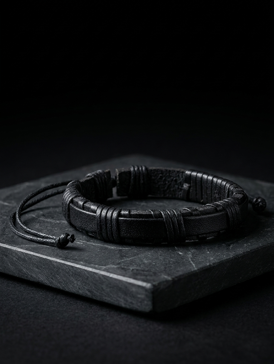 The Motor Way Casuals Black Leather Adjustable Bracelet for Men | Handmade Casual Wrist Band