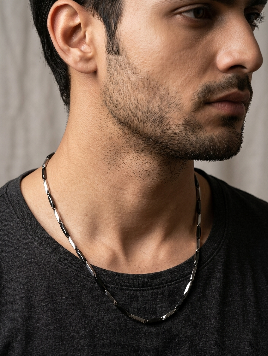 The Motor Way Casuals Black & Silver Geometric Link Chain Necklace for Men | Stainless Steel Fashion Necklace