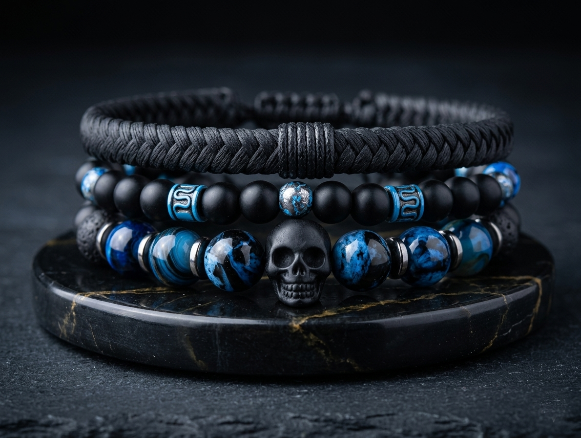 The Motor Way Casuals™ Midnight Skull Beaded Bracelet Set for Men | Black & Blue Stone Bracelet Stack