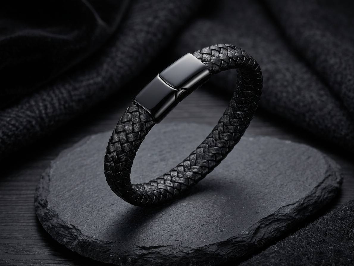 The Motor Way Casuals™ Black Braided Leather Bracelet for Men – Stainless Steel Magnetic Clasp